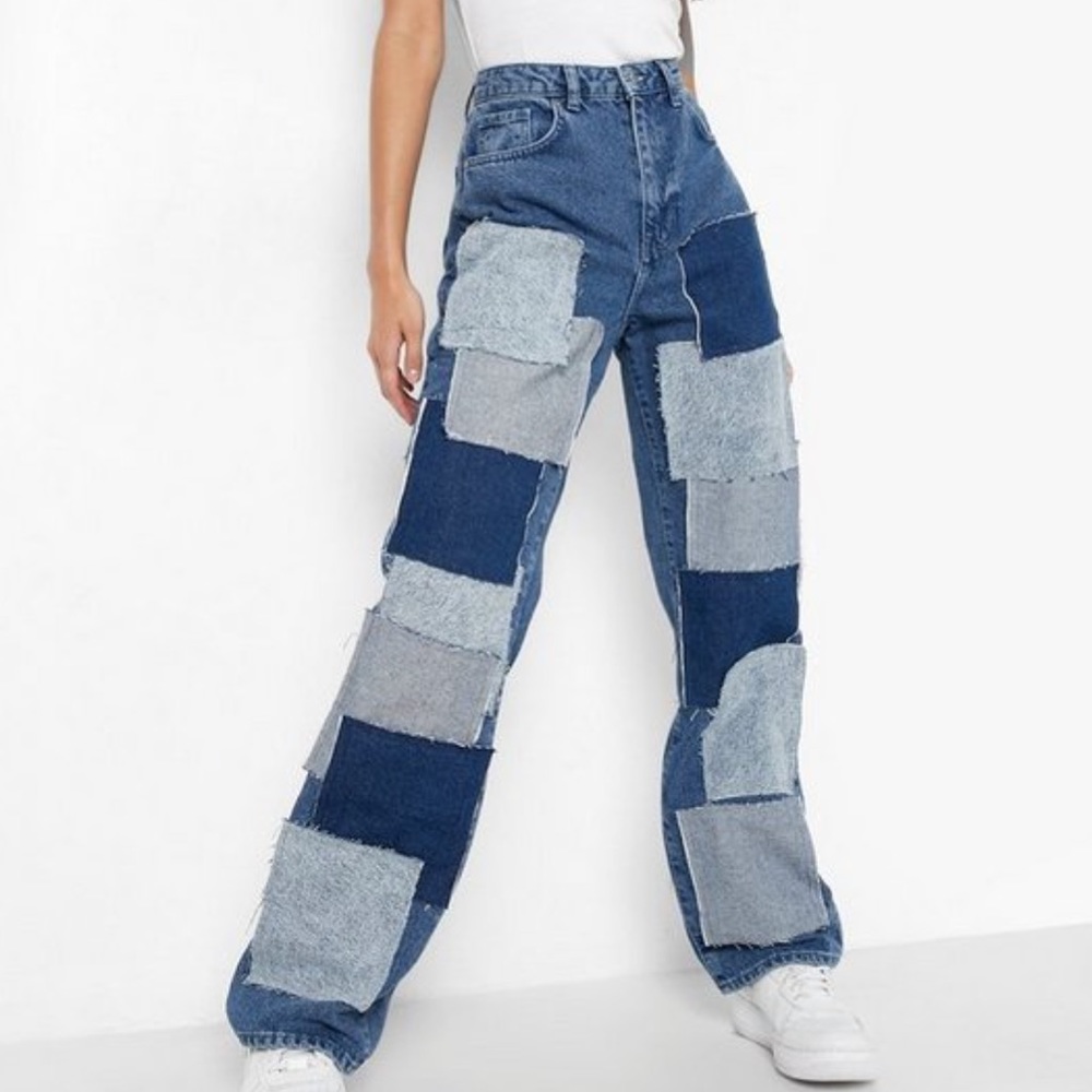 Boohoo Patchwork Denim Straight Leg Jeans